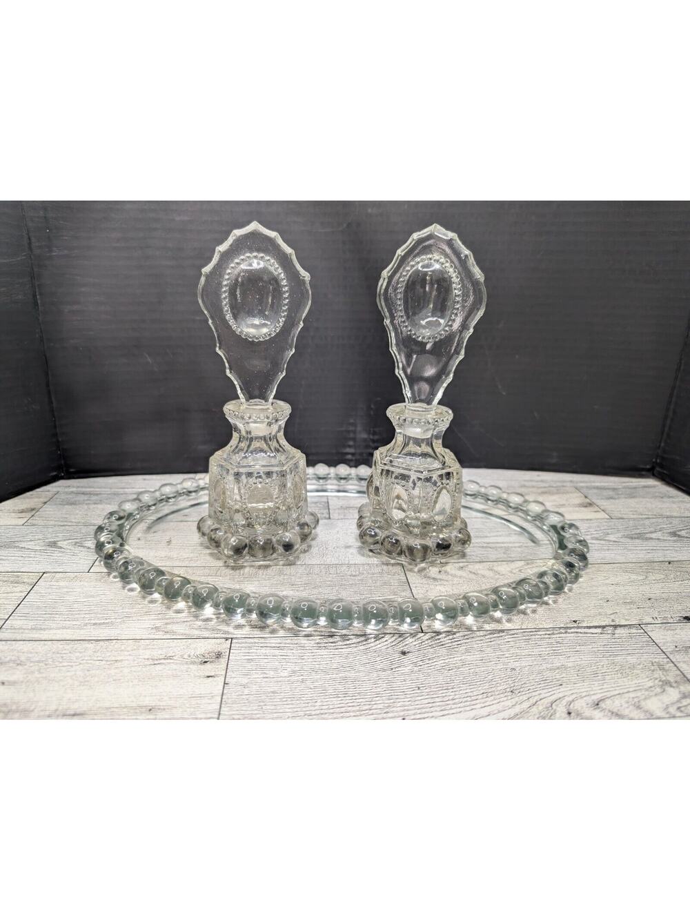 Vintage Perfume Bottles by LE Smith 7" with Clear Oval Stopper & Vanity Tray